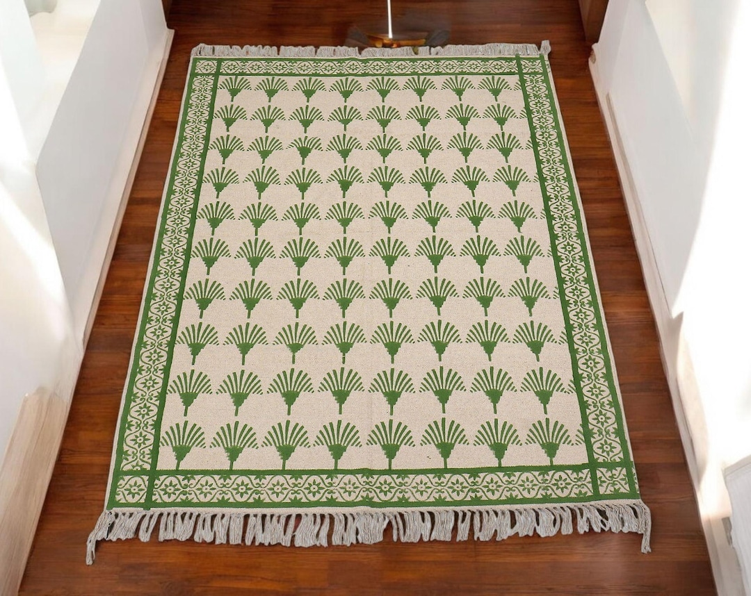Green Block Printed Cotton Rug: 8x10 Large Indoor/outdoor Area Rug - Etsy
