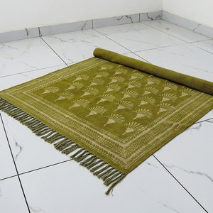Organic Cotton Green Rug | Block Printed Rug For Living Room Bedroom Kitchen Cotton Rug image 9