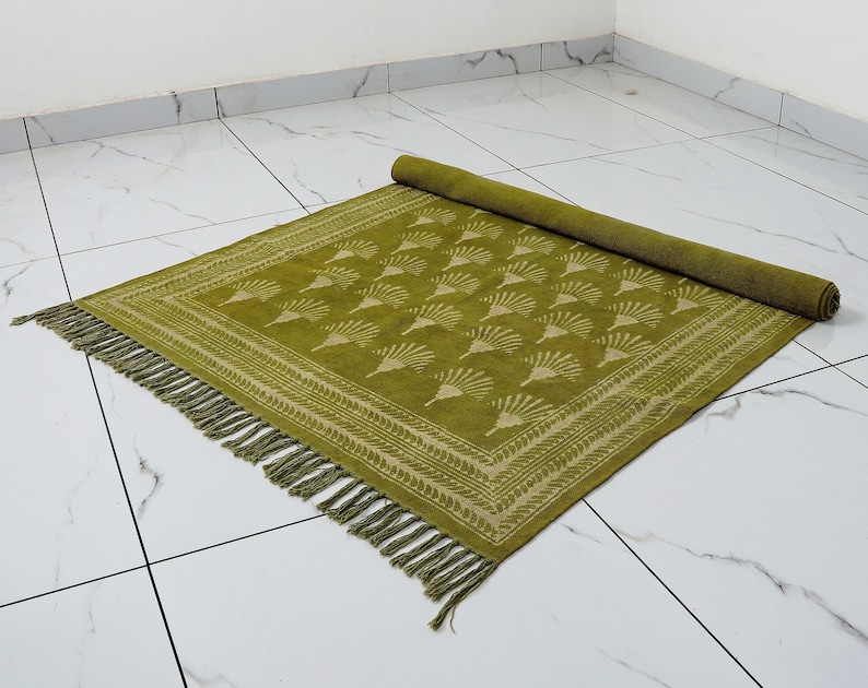 Organic Cotton Green Rug | Block Printed Rug For Living Room Bedroom Kitchen Cotton Rug image 9