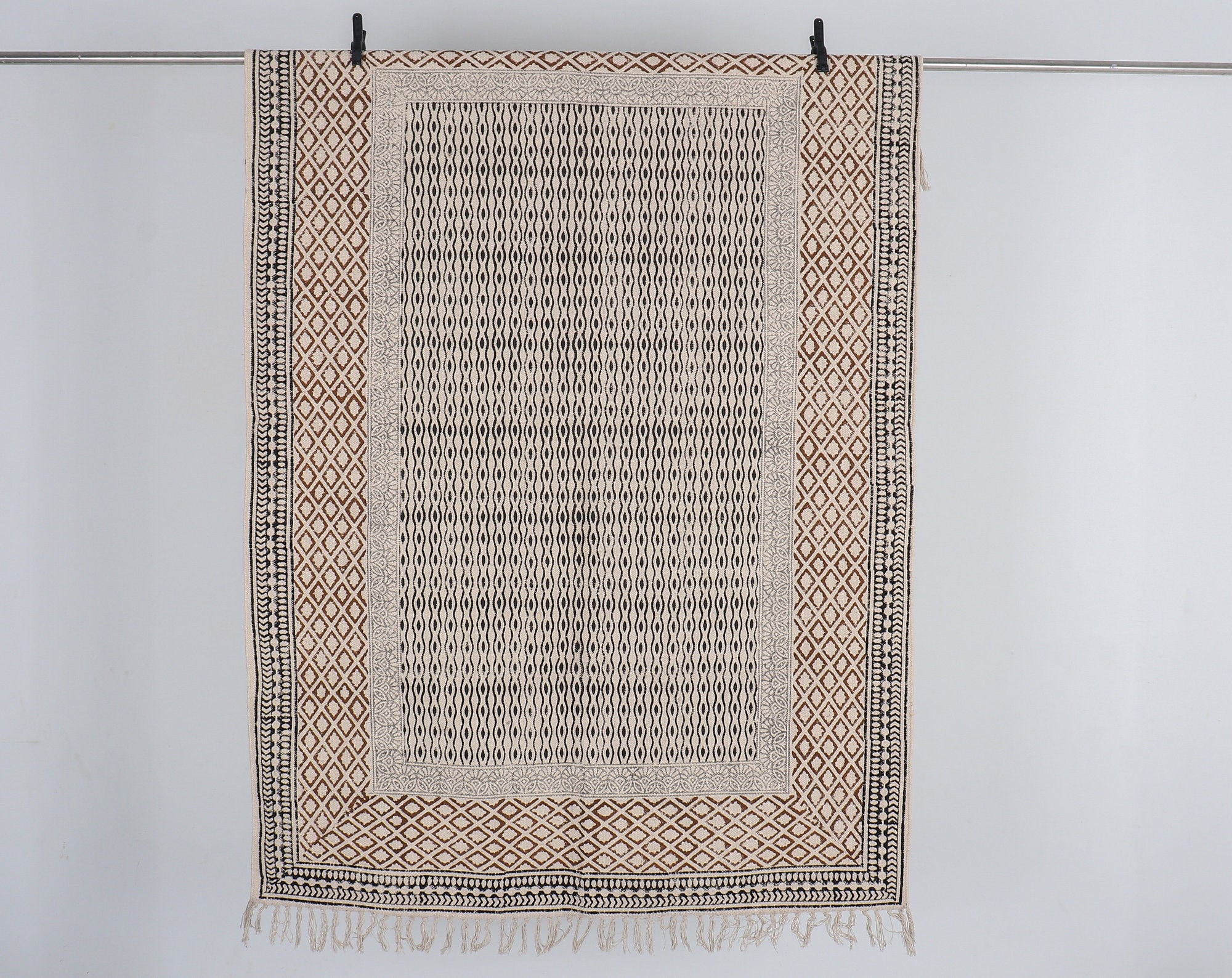 Cotton Throw Blanket, Block Printed Throw for Bed and Couch, Large Boho Brown Black Bed Throws, Soft and Durable Home Decor