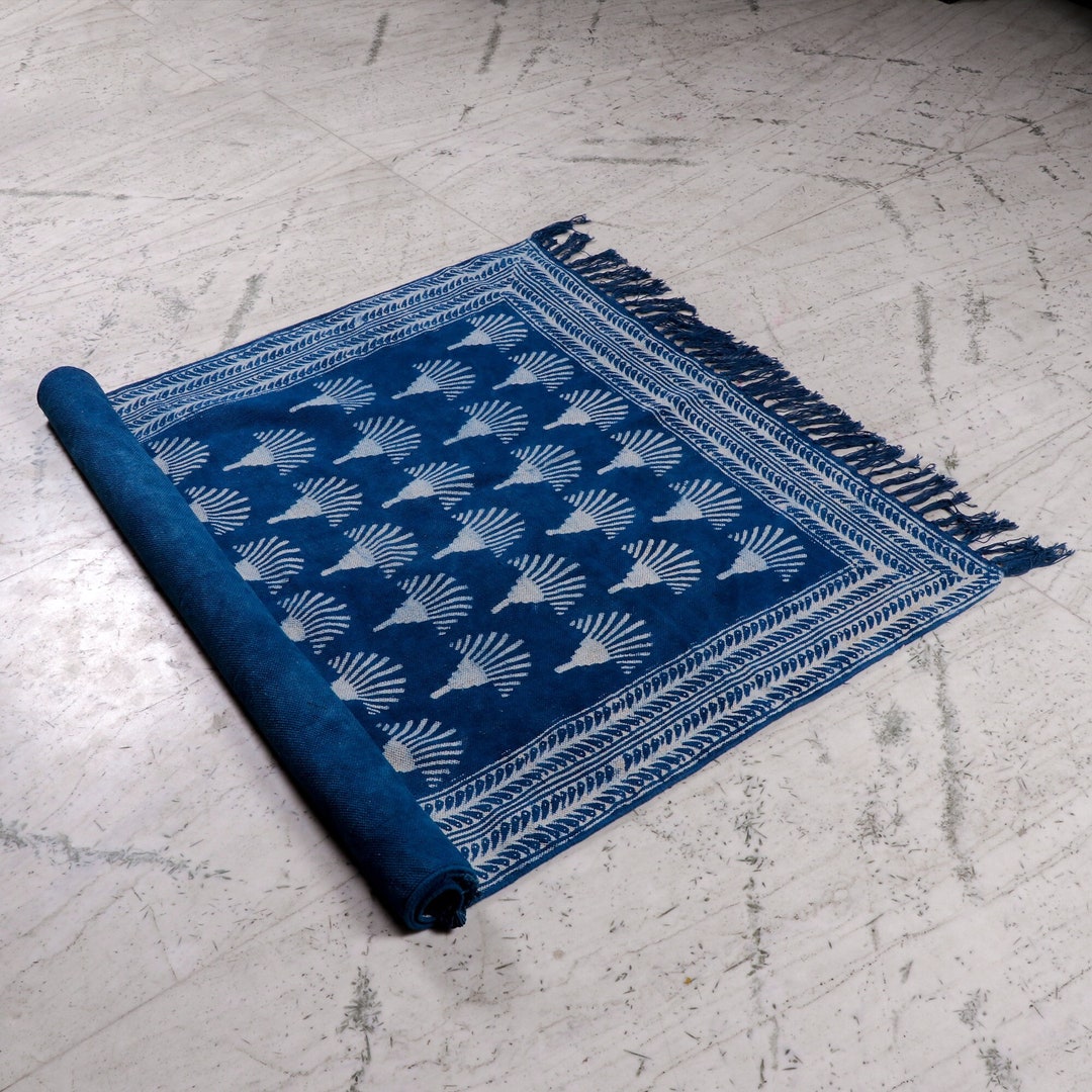 9x12 Palm Tree Pattern Block Printed Cotton Rug, Large Indigo Blue Rug