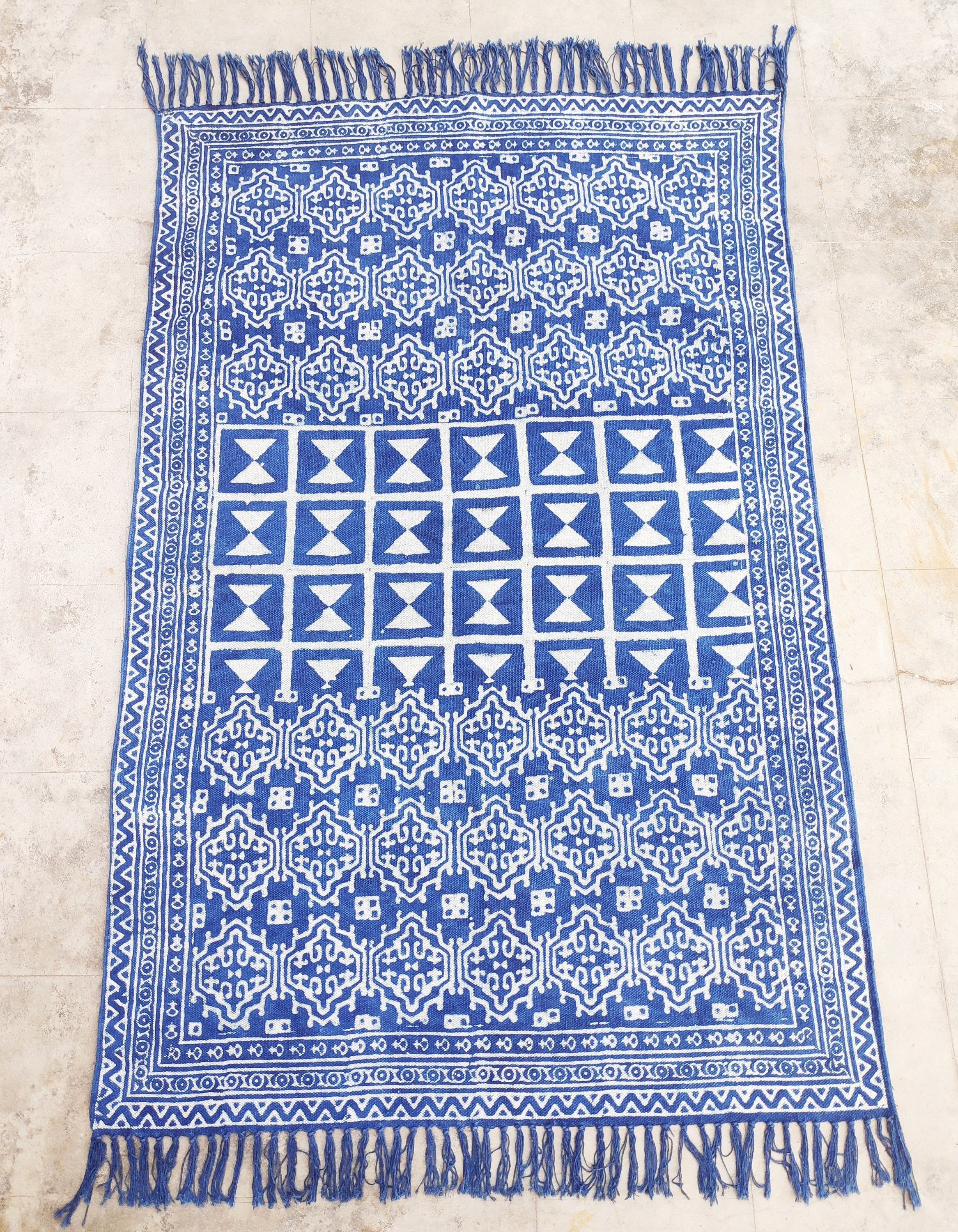 Indigo Block Print Cotton Rug, Boho Dhurrie Rug, Handmade Geometric ...