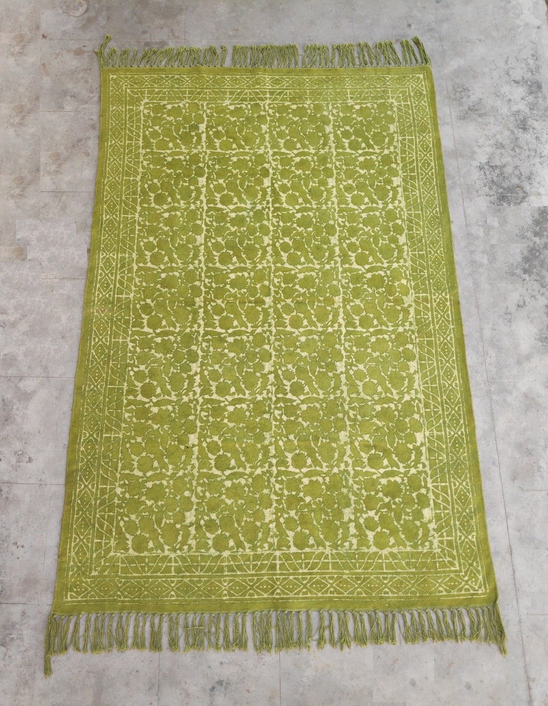 Dabu Rug 4x6 Feet Organic Handmade Dabu Print Block Printed Green Rug Cotton ...