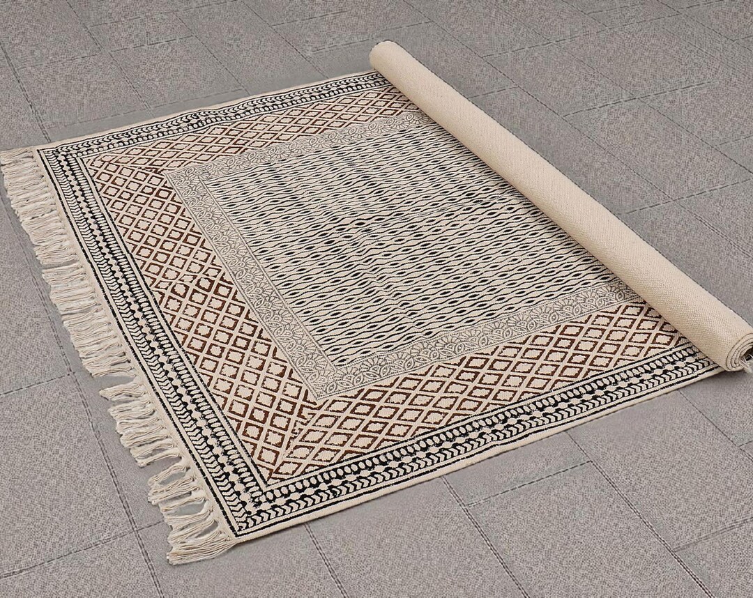 Block Printed Rug Cotton Rug | Large Area Rug Flatweave Rug Boho ...