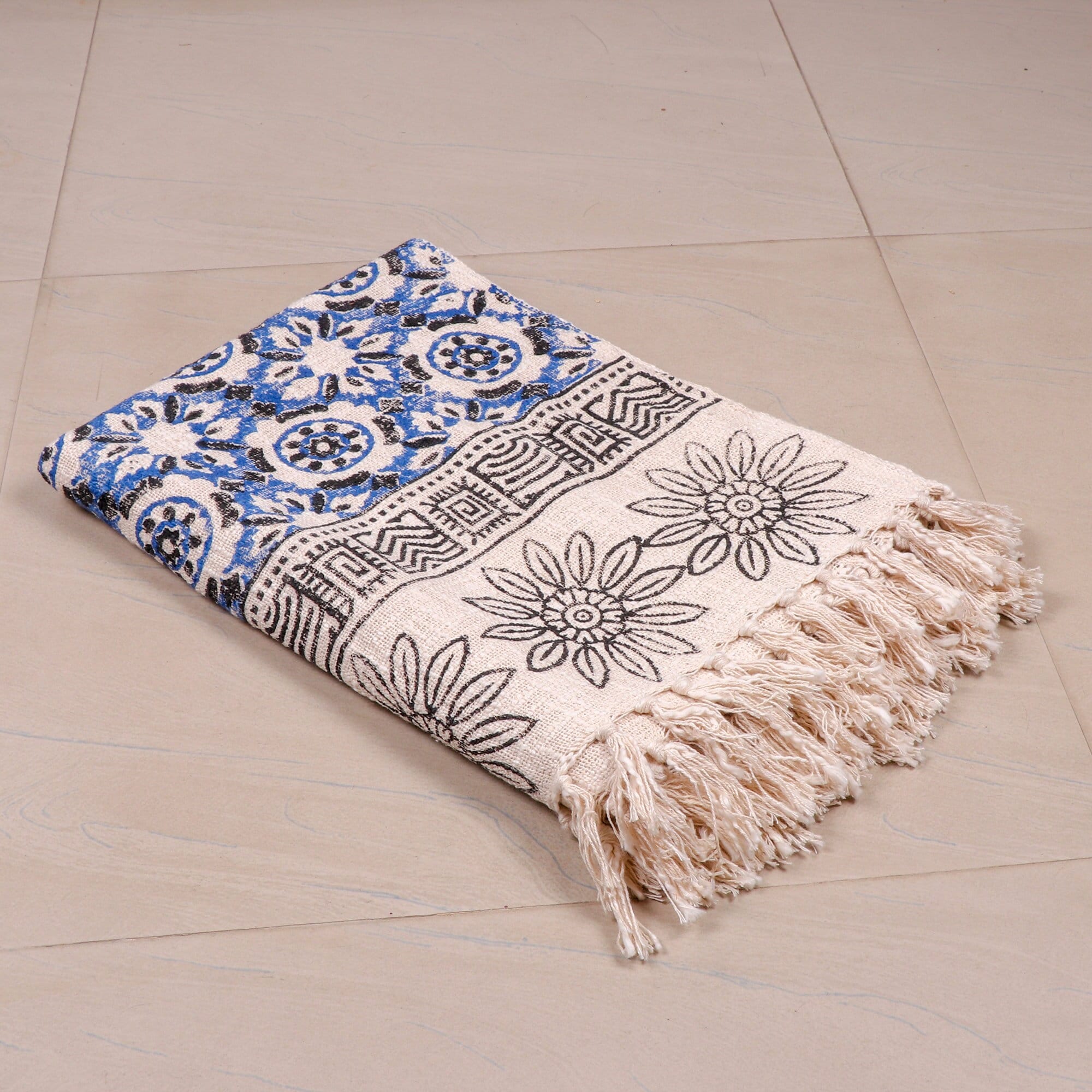 Beautiful Natural Blue and Black Mudcltoh Block Printed Cotton Throw ...