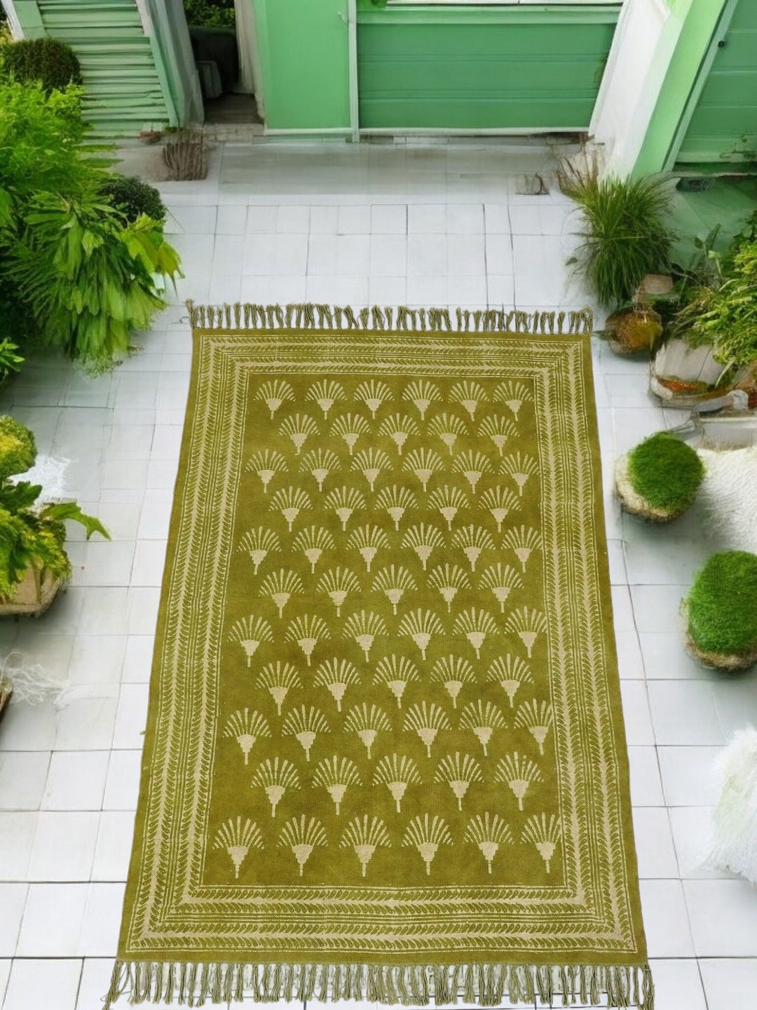 Organic Cotton Green Rug | Block Printed Rug for Living Room Bedroom ...