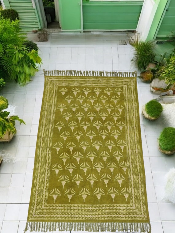 Organic Cotton Green Rug | Block Printed Rug For Living Room Bedroom Kitchen Cotton Rug