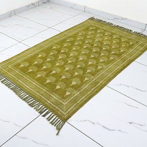 Organic Cotton Green Rug | Block Printed Rug For Living Room Bedroom Kitchen Cotton Rug image 7
