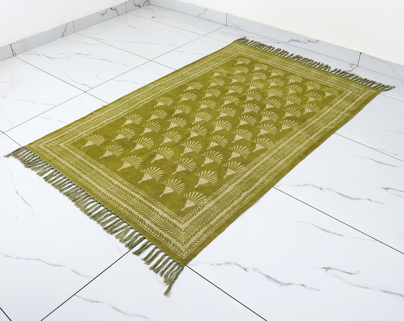 Organic Cotton Green Rug | Block Printed Rug For Living Room Bedroom Kitchen Cotton Rug image 7