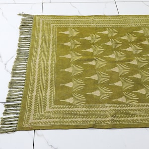 Organic Cotton Green Rug | Block Printed Rug For Living Room Bedroom Kitchen Cotton Rug image 6