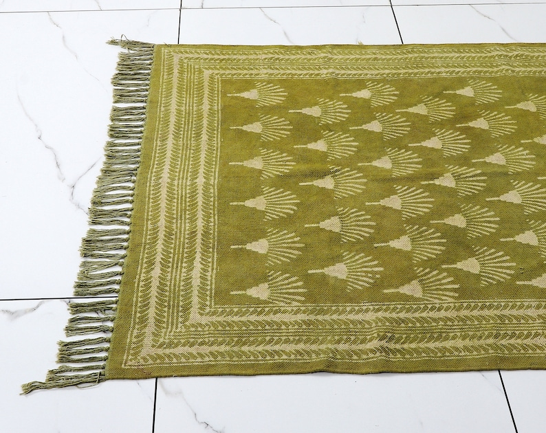 Organic Cotton Green Rug | Block Printed Rug For Living Room Bedroom Kitchen Cotton Rug image 6