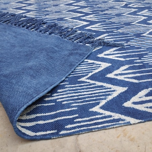 Cotton Rug, Handmade Indigo Blue Block Print Square Rug for Living Room, Hallway Boho Home Decor, Natural Organic Cotton, Jaipur Traditional