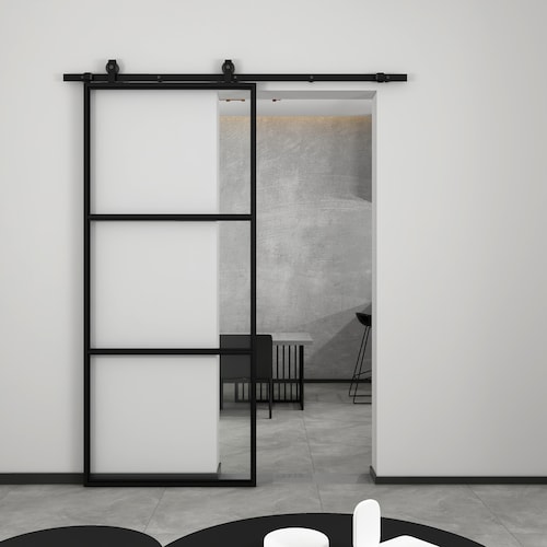 3lite Tampered Glass Barn Door Steel Frame Sliding Hardware Etsy