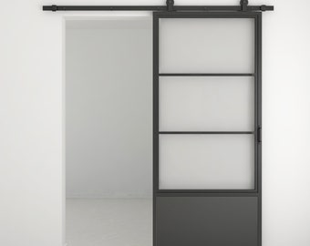 3-Lite Tampered Glass Barn Door Steel Frame Sliding Hardware Kit and Door Handle