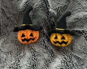 Crochet Jack O' Lantern Plushie | Halloween Stuffed Pumpkin with Witch Hat