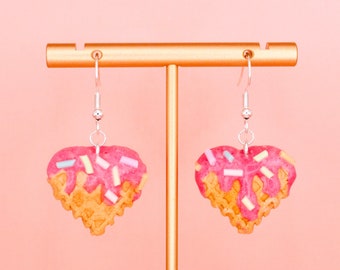 Pink Heart Waffle Earrings - Polymer Clay Food Jewelry - Cookie Jewelry | Heart