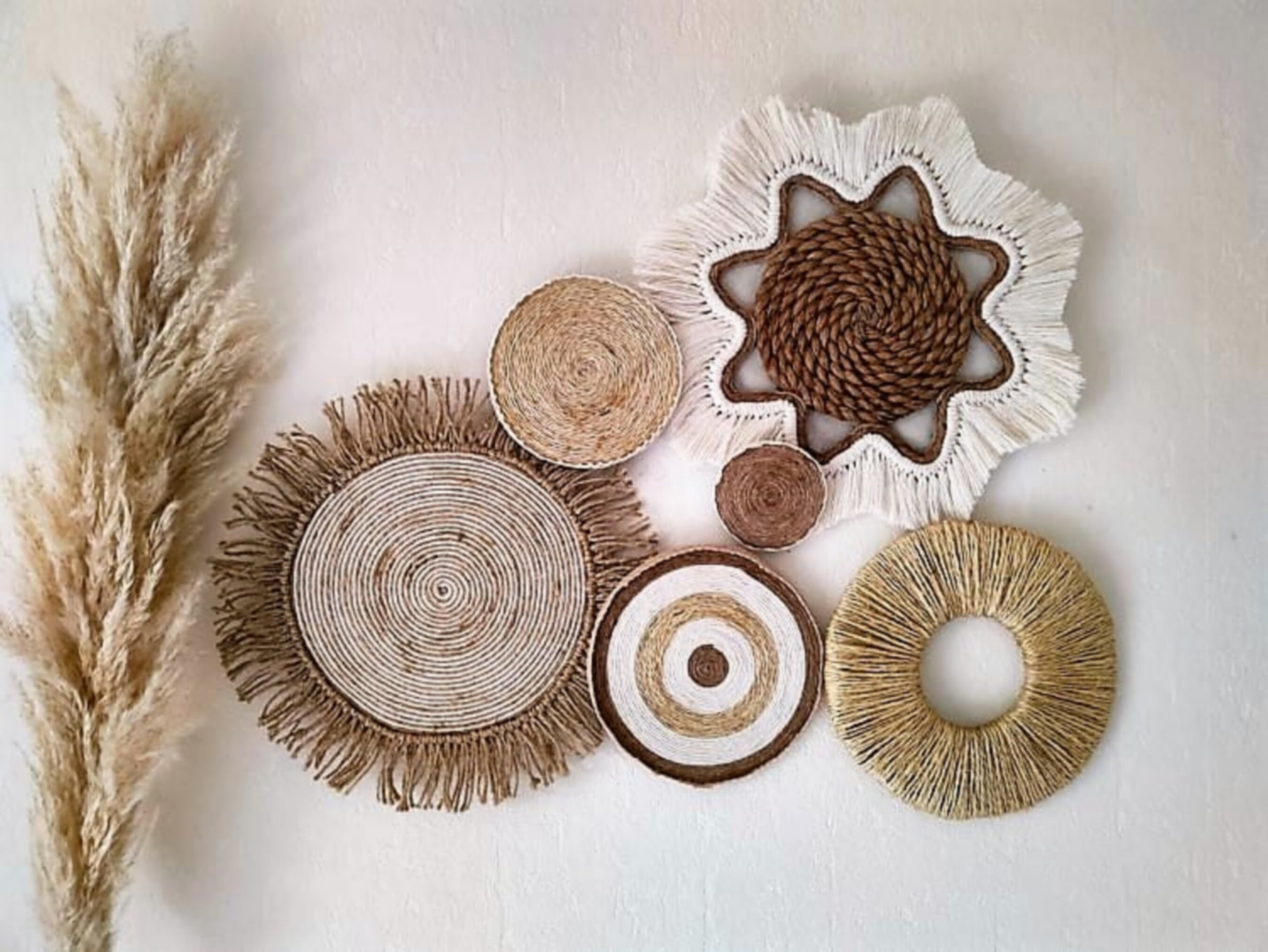 Décor Mural Boho/Lot de 6 Paniers/Assiette Bohème/Décoration Murale/Suspension Murale Ronde/Décor Fl