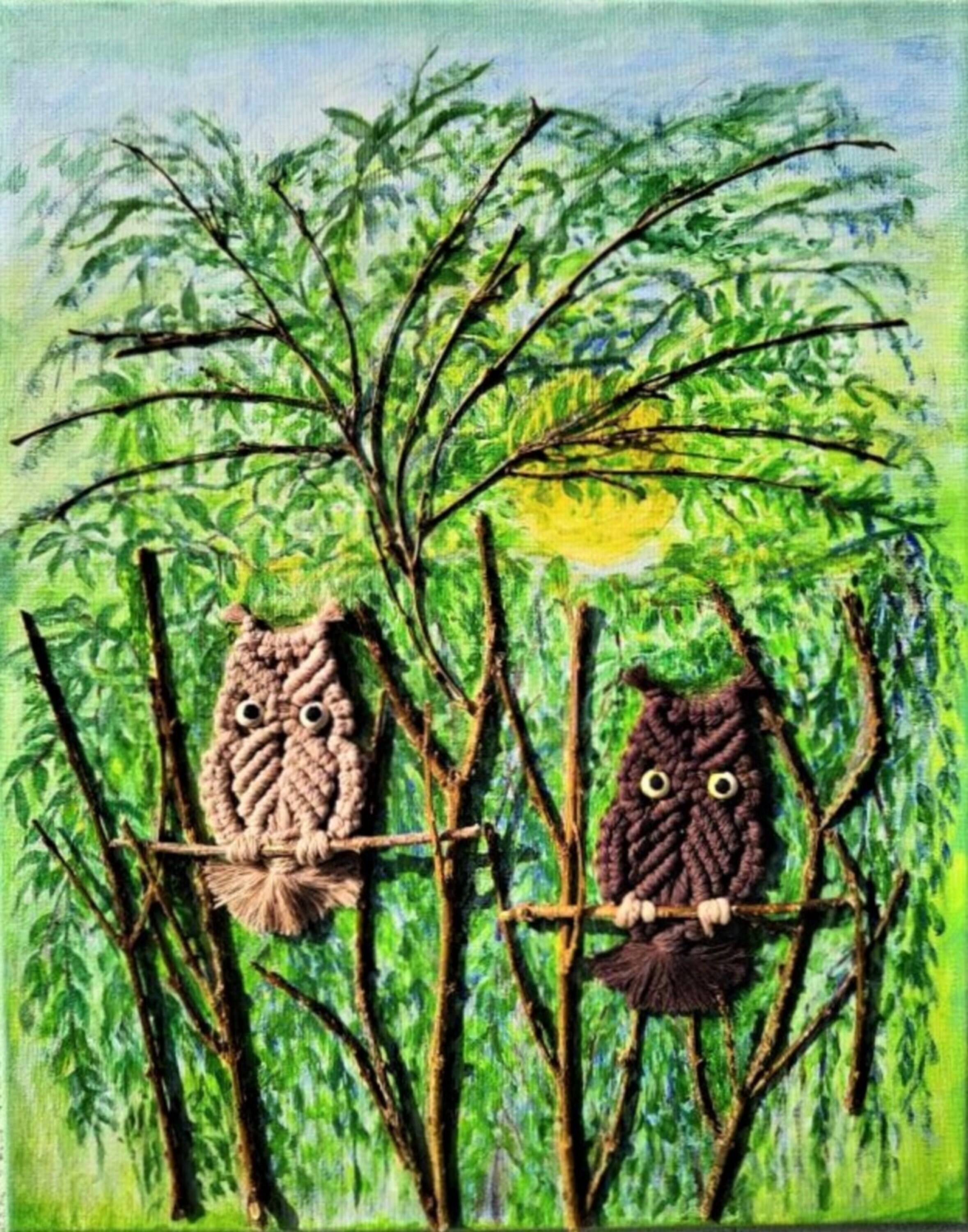 Petits Hiboux en Macramé sur Tableau Coton/Peinture Acrylique/Branches Relief/Décoration Intérieur/A