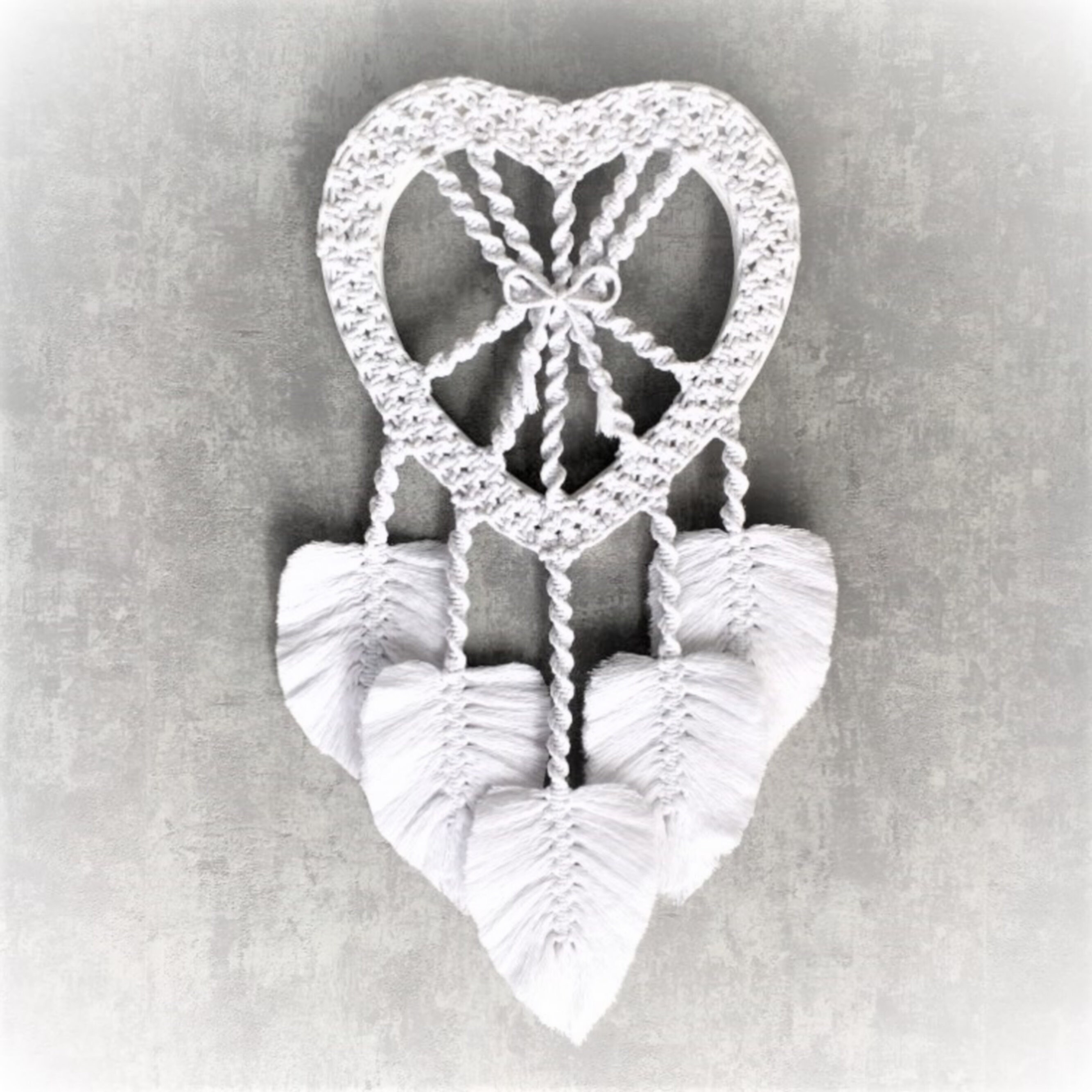 Coeur et Ses Plumes/Porte-Photo/Suspension Murale Macramé Coton Blanc/Décoration Murale/Bohème Chic/