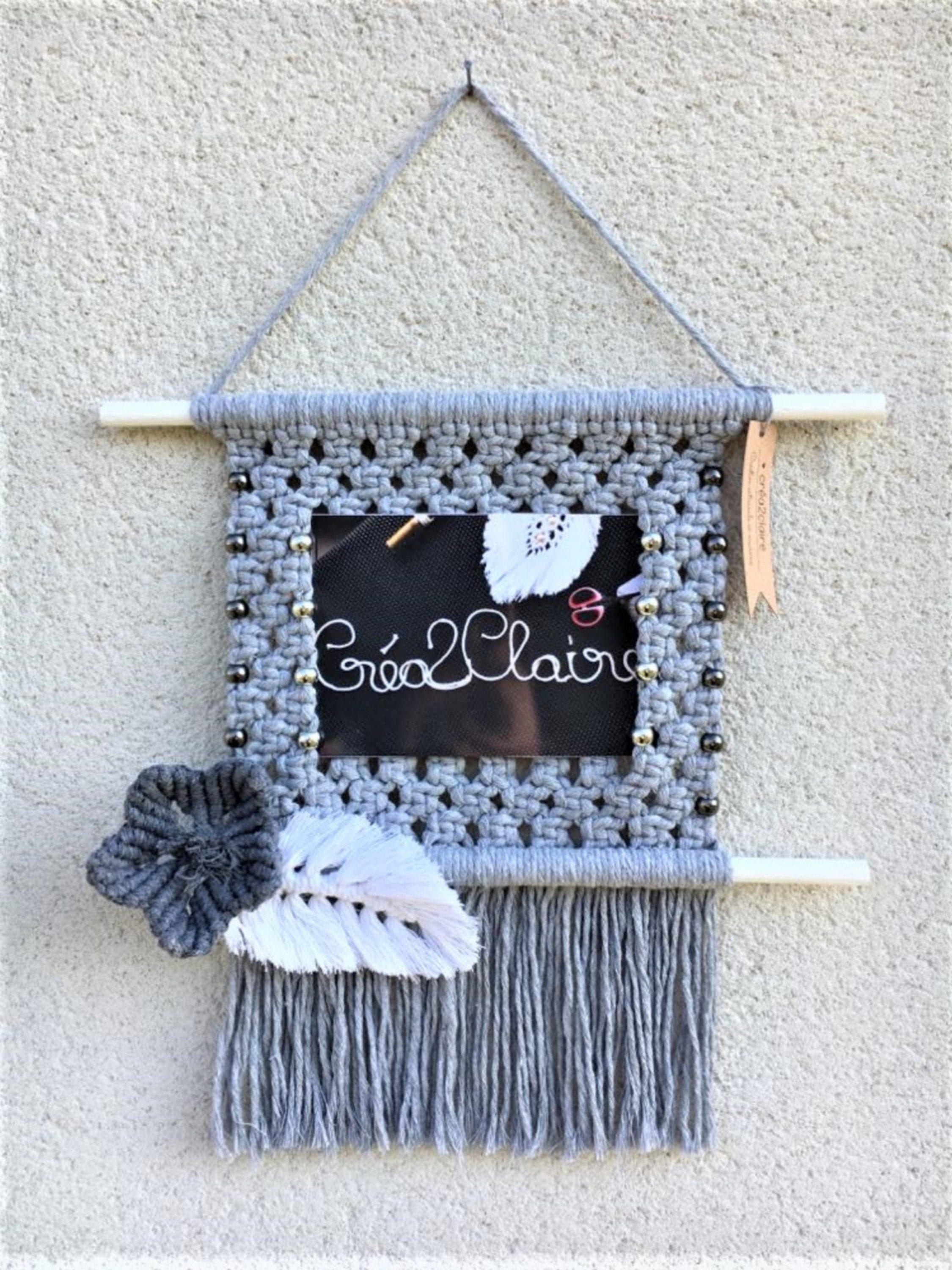 Porte-Photo en Macramé Coton Gris/Suspension Murale/Cadre Photo 10x15/Fleur/Décoration Intérieur Boh