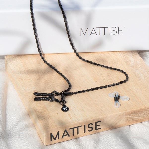 MATTISE Cordon de lunettes tissé en acier unisexe noir — Cordon de lunettes pour femmes et hommes — Collier de lunettes Brilkoord Chain