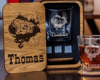 Personalized Whiskey Glass Set in Wood Box, Custom Engraved Scotch Bourbon Gift, Groomsmen Set