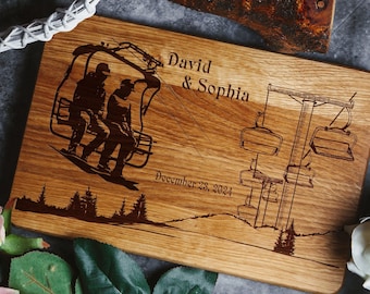Ski Lift Personalized Cutting Board, Custom Wedding Gift for Skiers, Engraved Anniversary Board Set
