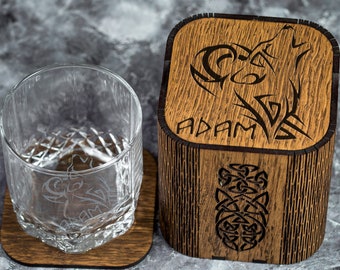 Personalized Whiskey Gift Set for Men, Viking Engraved Box, Groomsmen Gift fenrir