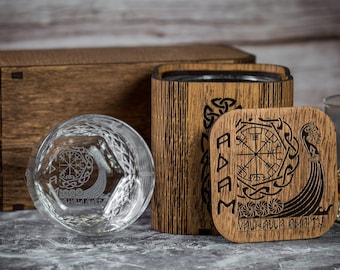 Personalized Viking Whiskey Gift Set: Engraved Glass & Wood Box