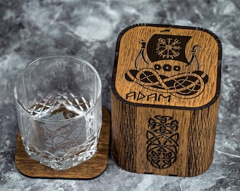 Personalized Viking Whiskey Gift Set: Engraved Glass & Oak Box
