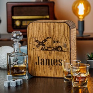 Personalized Whiskey Gift Set: Trucker Bourbon Decanter & Glasses, Oak Box