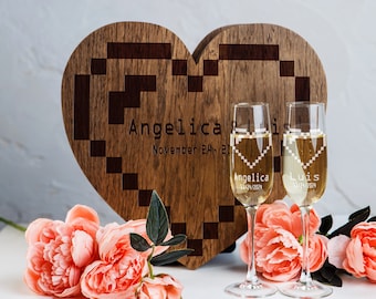 Engraved Champagne Glasses Set with Wooden Pixel Heart Box, Gamer Wedding Gift