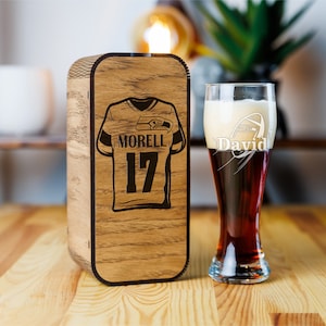 Personalized Seattle Football Beer Glass Gift Set: Engraved Wood Box