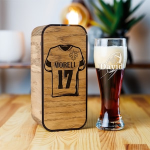 Personalized Football Beer Glass: Engraved Gift with Optional Wood Box