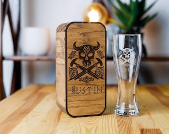 Personalized Viking Beer Glass Gift Set: Engraved Norse Skull, Wood Box
