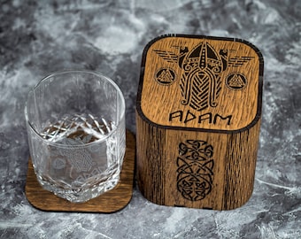 Personalized Viking Whiskey Glass Set: Nordic Gift Box, Leather Coaster