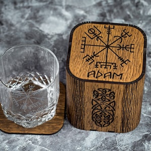Personalized Viking Whiskey Glass Set: Engraved Wooden Box & Coaster