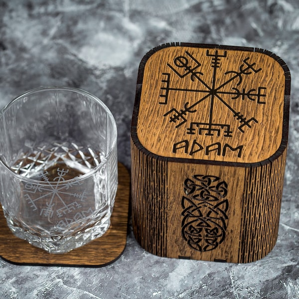 Ensemble de verres à whisky viking personnalisés : boîte et sous-verre en bois gravés