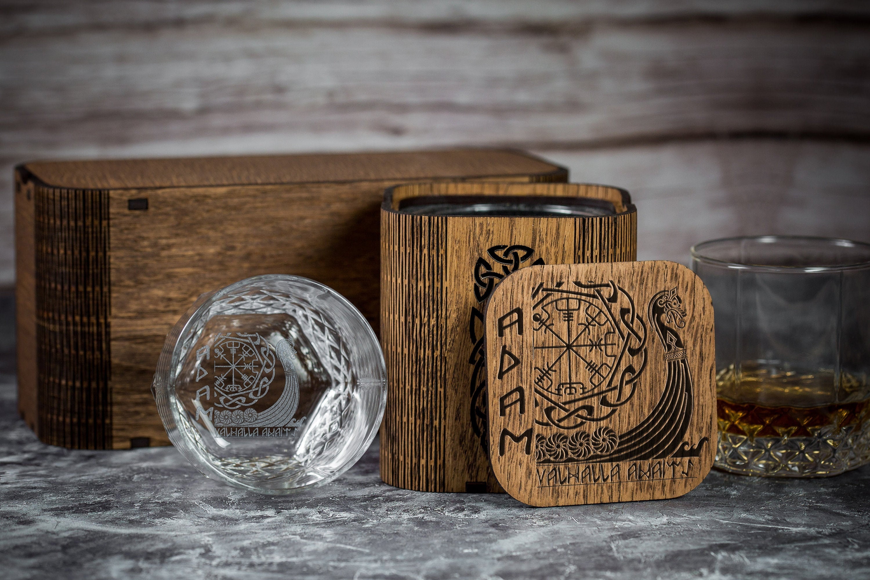 Personalized Viking Whiskey Gift Set Engraved Glass & Wood Box
