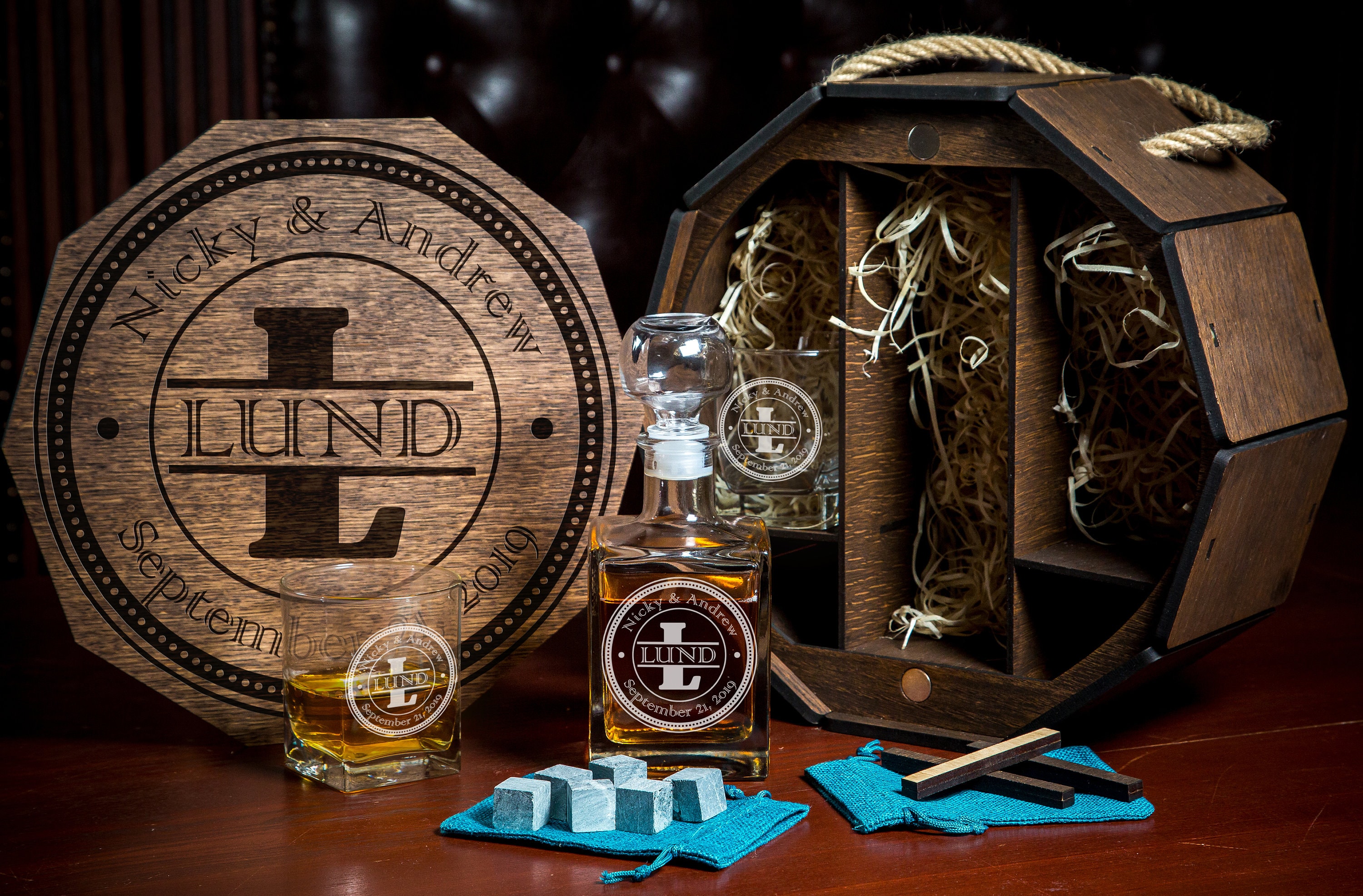 Personalized Whiskey Decanter Set: Engraved Bourbon Gift, Oak Barrel Box