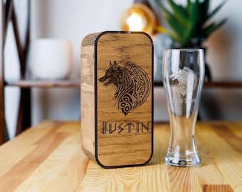 Personalized Fenrir Wolf Beer Glass: Engraved Viking Gift in Wood Box