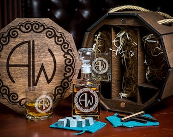 Personalized Whiskey Decanter Set: Oak Barrel Box, Groomsmen Gift