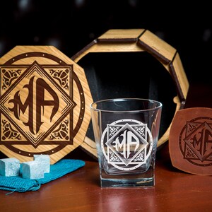 Personalized Whiskey Glass Set: Engraved Bourbon Glass, Oak Barrel Box