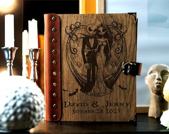 Jack and Sally Wedding Guest Book, Personalized Wood Leather Guestbook