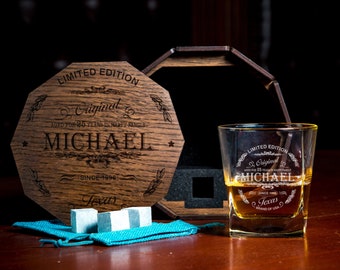 Personalized Whiskey Glass Set: Engraved Oak Barrel Box, Stones & Coaster