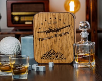 Personalized Aviator Whiskey Decanter Set: Bourbon Glasses, Oak Box