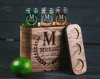 Personalized Tequila Shot Glasses: Engraved Glass with Wood Box