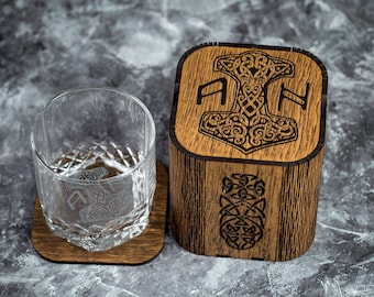 Personalized Whiskey Gift Set, Viking Rune Glass, Oak Box