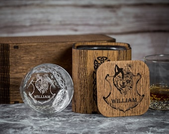 Personalized Whiskey Glass Set: Engraved Scotch Glass, Wood Box & Stones
