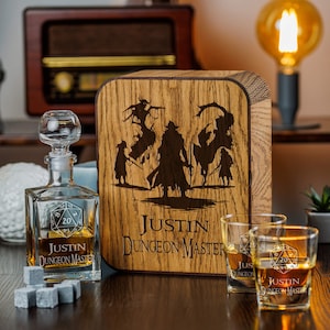 Personalized Whiskey Decanter Set: Engraved Oak Box, Game Master Gift